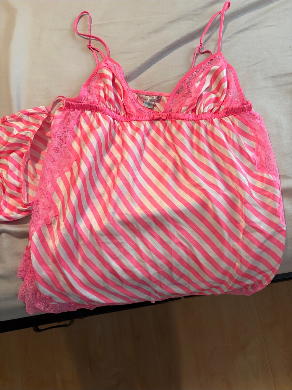 Victoria's Secret Pink and White Striped Lace-Trim Satin Chemise Set - Picture 2 of 2